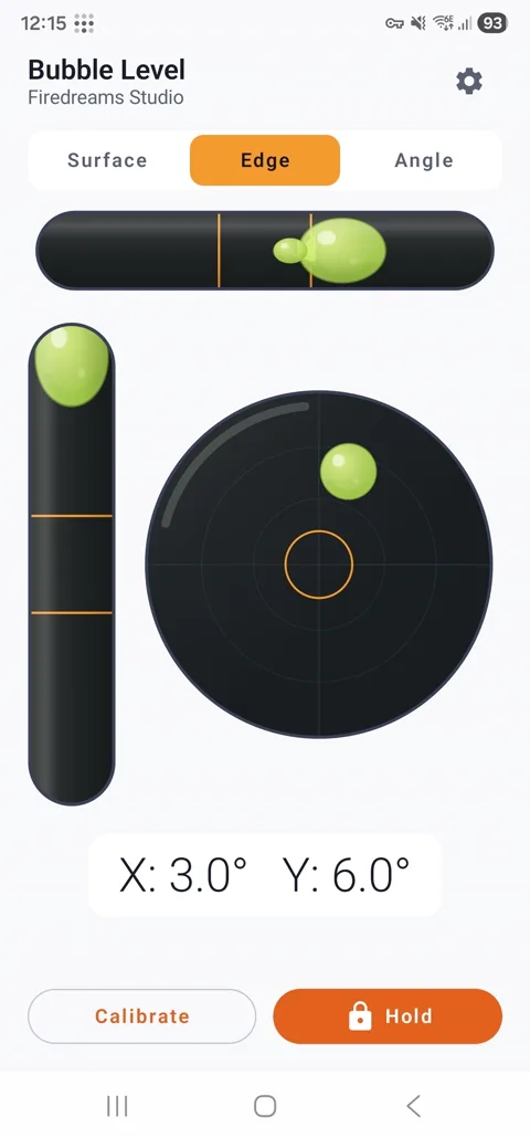 Bubble Level app, edge mode with liquid bubble vials