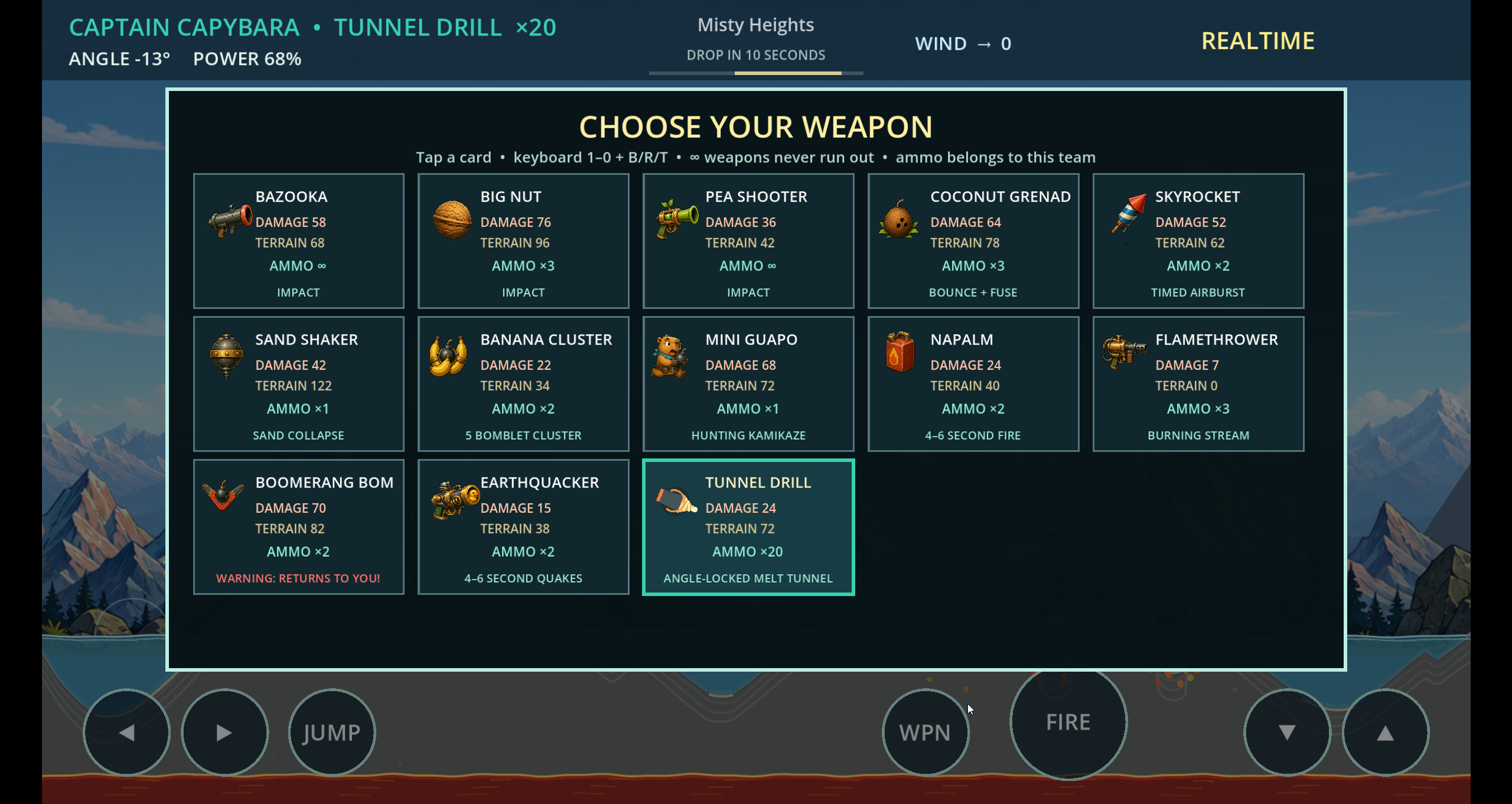 Capybara Blaster: The weapon selection screen