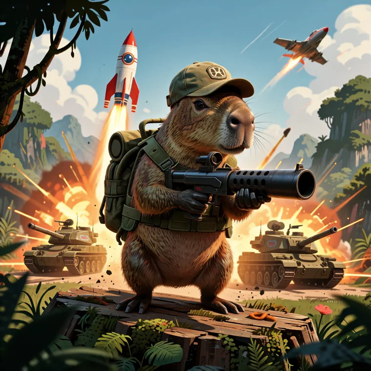 Capybara Blaster concept art: a capybara in tactical gear aiming a grenade launcher while tanks and rockets cause mayhem in the jungle behind it