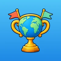 Flags of the World app icon, a globe inside a golden trophy cup with two pennants
