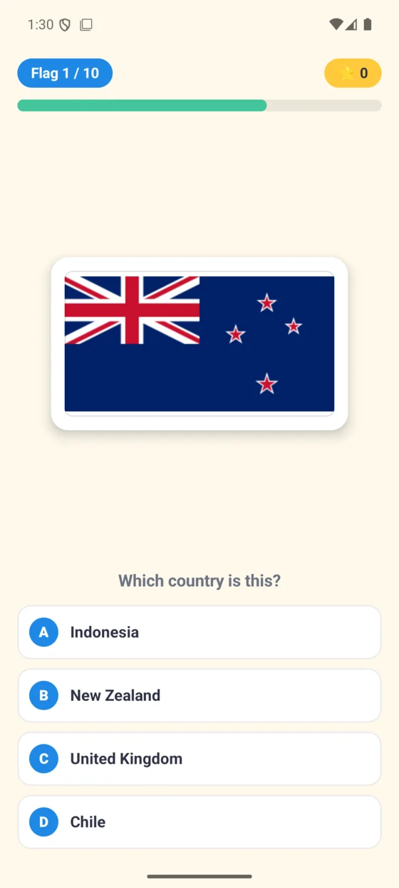 Flags of the World quiz screen showing a flag and four country choices