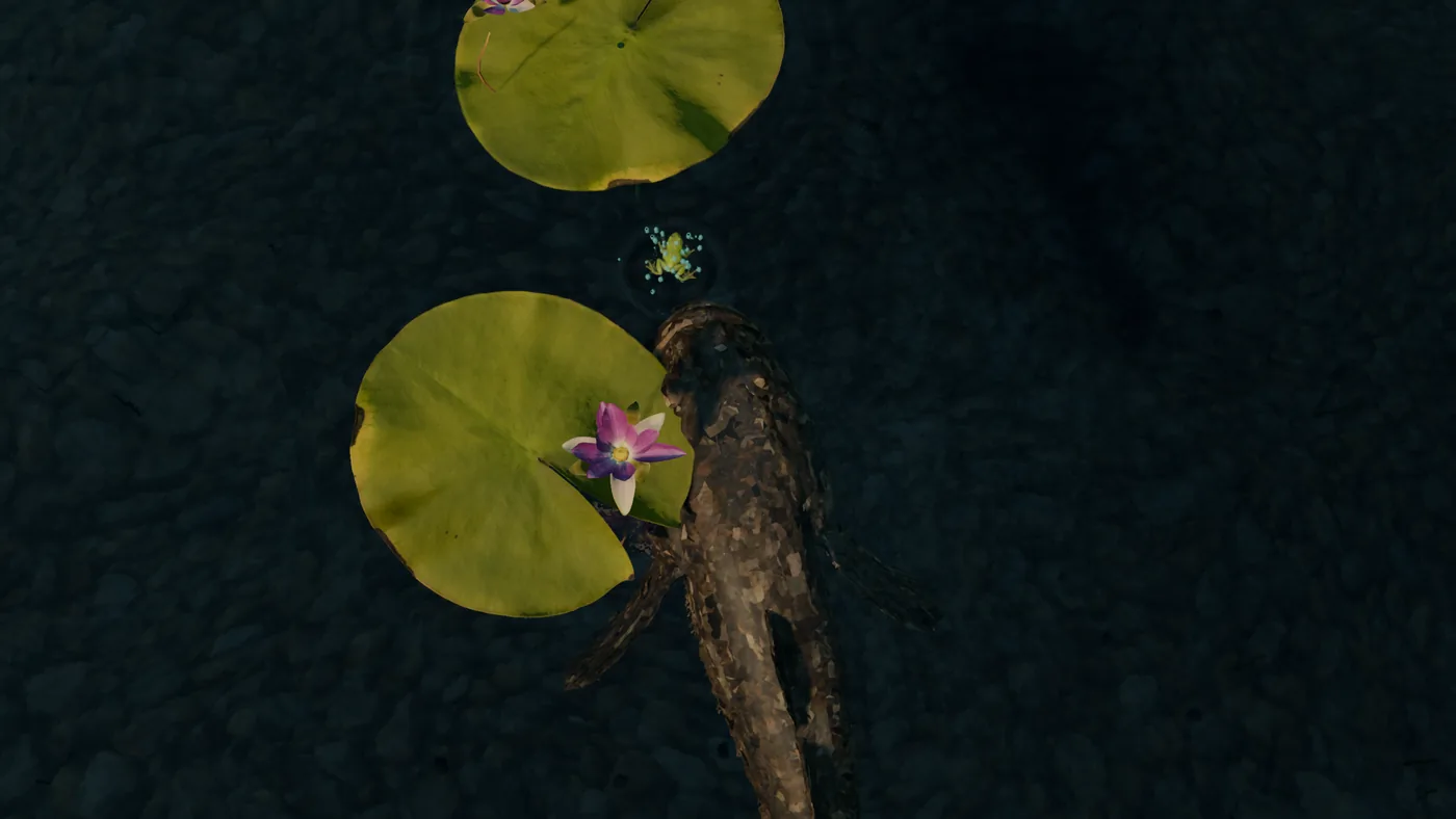 Lily Hop: a photoreal frog splashes in dark water as a camouflaged predator rises between two lily pads