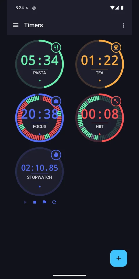 MultiTimer Pro dashboard with five colourful timers for pasta, tea, focus, HIIT and a stopwatch
